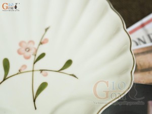 Đĩa sò men kem vẽ hoa Đào hồng, 23x20cm