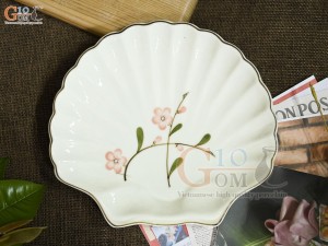 Đĩa sò men kem vẽ hoa Đào hồng, 23x20cm