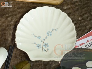 Đĩa sò men kem vẽ hoa Đào xanh, 23x20cm