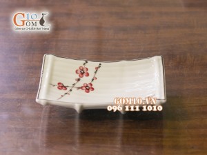 Đĩa thuyền chõng men kem vẽ hoa Đào đỏ 22,5cm