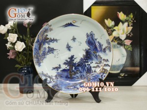 Đĩa trang trí men lam cảnh Sơn Thủy vẽ vàng, đường kính 35cm