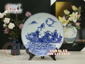 Đĩa trang trí men lam vẽ Bát Tiên, đường kính 30cm