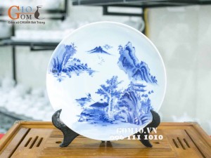 Đĩa trang trí men lam vẽ cảnh sơn thủy phi 27