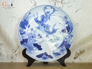 Đĩa trang trí men lam vẽ Song Ngư, đường kính 35cm