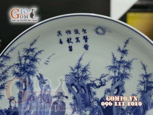 Đĩa trang trí men lam vẽ Trúc Lâm Thất Hiền, đường kính 35cm