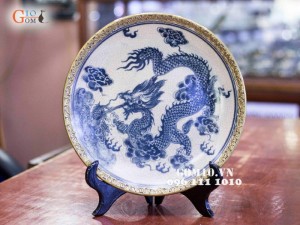 Đĩa trang trí men rạn bọc đồng vẽ Long phụng Phi 26cm