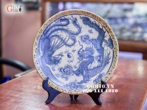 Đĩa trang trí men rạn bọc đồng vẽ Long phụng Phi 40cm