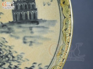 Đĩa trang trí men rạn bọc đồng vẽ Tháp Rùa in logo VTV, đường kính 26cm