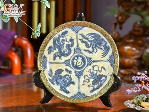 Đĩa trang trí men rạn bọc đồng vẽ Tứ Linh, đường kính 30cm