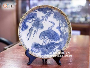 Đĩa trang trí men rạn bọc đồng vẽ Tùng hạc Phi 26cm