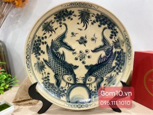Đĩa trang trí men rạn cổ cảnh Song Ngư đường kính 40cm