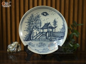 Đĩa trang trí men rạn họa tiết chùa một cột, đường kính 30cm