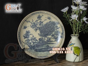 Đĩa trang trí men rạn vẽ Công Đào, đường kính 26cm