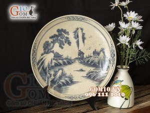 Đĩa trang trí men rạn vẽ Sơn thủy, đường kính 26cm