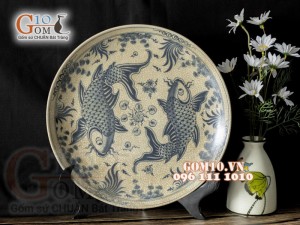 Đĩa trang trí men rạn vẽ Song ngư Phi 30cm
