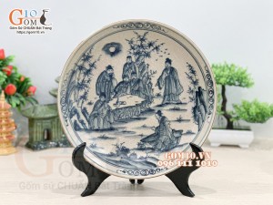 Đĩa trang trí men rạn vẽ Trúc Lâm Thất Hiền, đường kính 26cm
