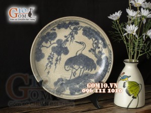 Đĩa trang trí men rạn vẽ Tùng hạc Phi 30cm