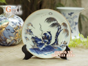 Đĩa trang trí men rong cổ họa tiết Lã Vọng Câu Cá, đường kính 18cm - Vẽ vàng 24k