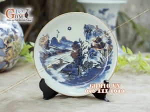 Đĩa trang trí men rong cổ họa tiết Sơn Thủy 002, đường kính 18cm - Vẽ vàng 24k