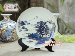 Đĩa trang trí men rong cổ họa tiết Sơn Thủy 003, đường kính 18cm - Vẽ vàng 24k