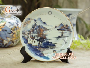 Đĩa trang trí men rong cổ họa tiết Sơn Thủy, đường kính 16cm - Vẽ vàng 24k