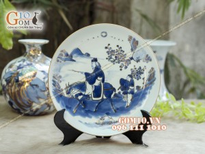 Đĩa trang trí men rong cổ họa tiết Sư đồ, đường kính 18cm - Vẽ vàng 24k