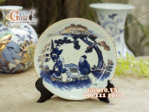 Đĩa trang trí men rong cổ họa tiết Tiên Ông luận cờ, đường kính 18cm - Vẽ vàng 24k