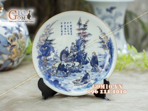 Đĩa trang trí men rong cổ họa tiết Trúc Lâm Thất Hiền, đường kính 16cm - Vẽ vàng 24k