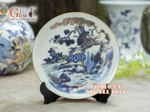 Đĩa trang trí men rong cổ họa tiết Tùng Hươu, đường kính 16cm - Vẽ vàng 24k