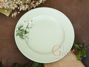 Đĩa tròn 2 lá men ngọc vẽ hoa Bưởi trắng, đường kính 20cm