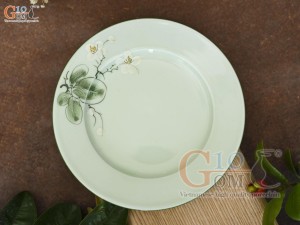 Đĩa tròn 2 lá men ngọc vẽ hoa Bưởi trắng, đường kính 20cm