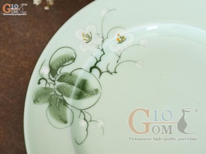 Đĩa tròn 2 lá men ngọc vẽ hoa Bưởi trắng, đường kính 20cm