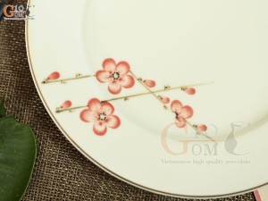 Đĩa tròn 2 viền men kem vẽ hoa Đào đỏ, đường kính 20cm