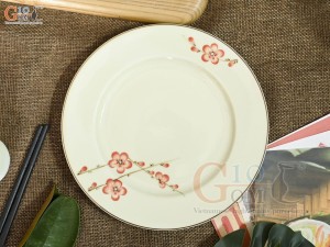 Đĩa tròn 2 viền men kem vẽ hoa Đào đỏ, đường kính 18cm