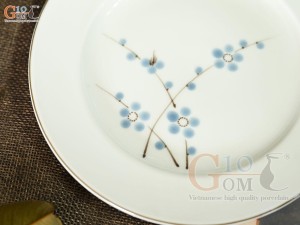 Đĩa tròn 2 viền men kem vẽ hoa Đào xanh, đường kính 18cm