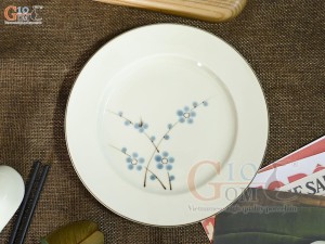 Đĩa tròn 2 viền men kem vẽ hoa Đào xanh, đường kính 22cm