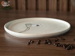Đĩa tròn lòng phẳng men kem tấm vẽ Bạch Liên, đường kính 24cm