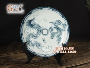 Đĩa tròn men cổ họa tiết Rồng Phượng Hóa, đường kính 20cm