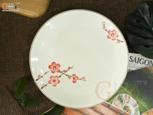 Đĩa tròn men kem vẽ hoa đào đỏ, 20cm