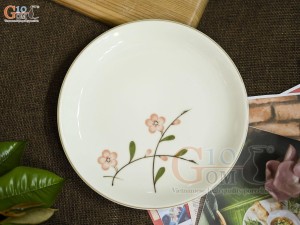 Đĩa tròn men kem vẽ hoa Đào hồng, đường kính 20cm