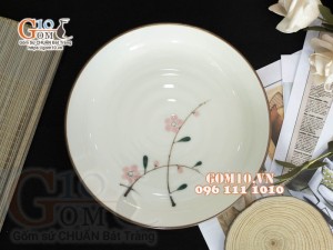 Đĩa tròn men kem vẽ hoa Đào phai, đường kính 20cm