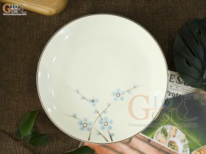 Đĩa tròn men kem vẽ hoa Đào xanh, đường kính 20cm
