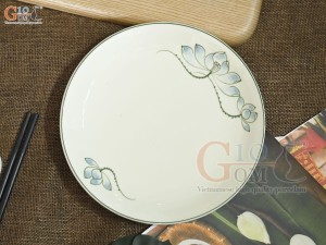 Đĩa tròn men kem vẽ hoa Sen xanh, 18cm