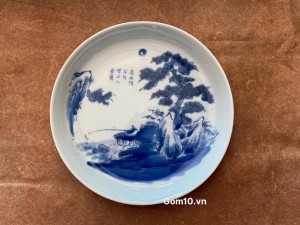 Đĩa tròn men lam cảnh sơn thuỷ, đường kính 17cm