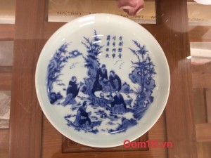 Đĩa tròn men lam cổ cảnh trúc lâm thất hiền đường kính 20.5cm