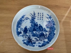 Đĩa tròn men lam cổ cảnh trúc lâm thất hiền kẻ chỉ vàng kim, 20cm