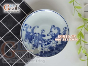 Đĩa tròn men lam cổ vẽ hoa Sen dây, đường kính 16cm