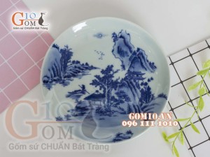 Đĩa tròn men lam họa tiết Sơn Thủy, đường kính 20cm