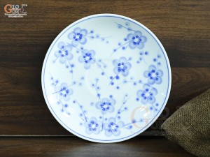 Đĩa tròn men lam vẽ hoa đào xanh, đường kính 16cm