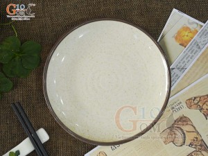 Đĩa tròn men tấm kẻ chỉ nâu, đường kính 16cm